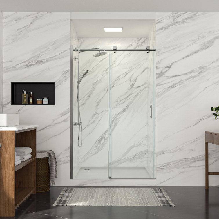 48" W x 76" H Frameless Double Sliding Shower Door with Tempered Glass