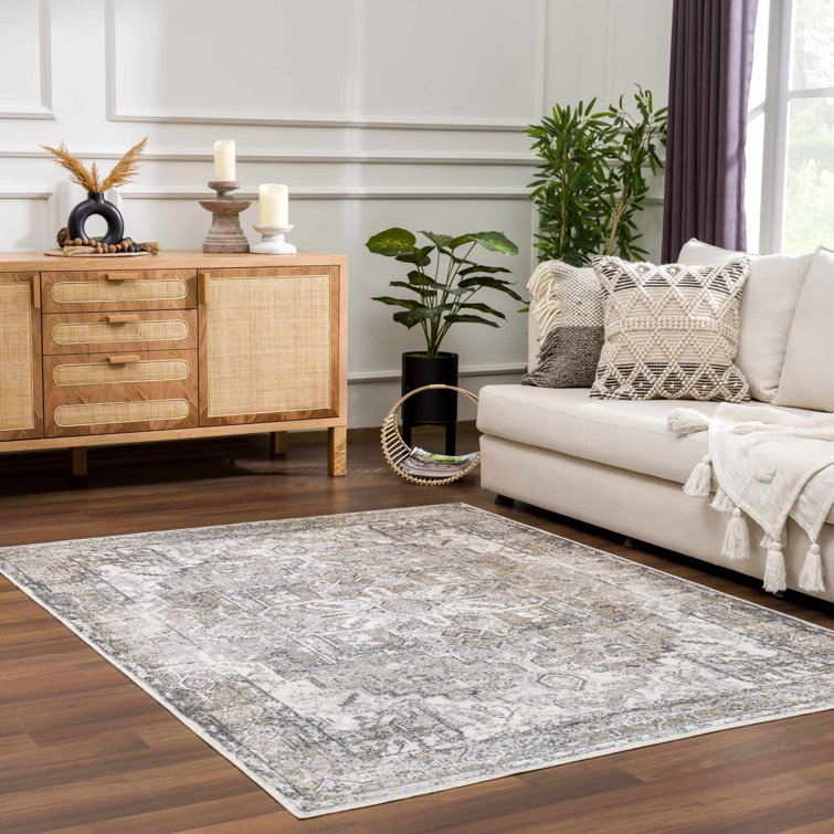Ivory and Beige Polyester Medium Pile Washable Area Rug 7'10" x 10'2"