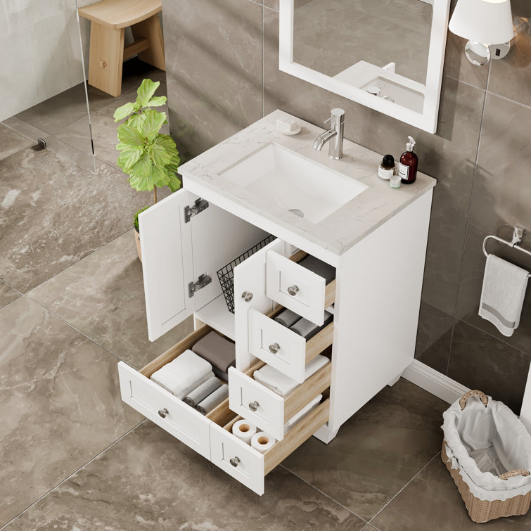 White 24" Bathroom Vanity with Carrara Quartz Top and Sink