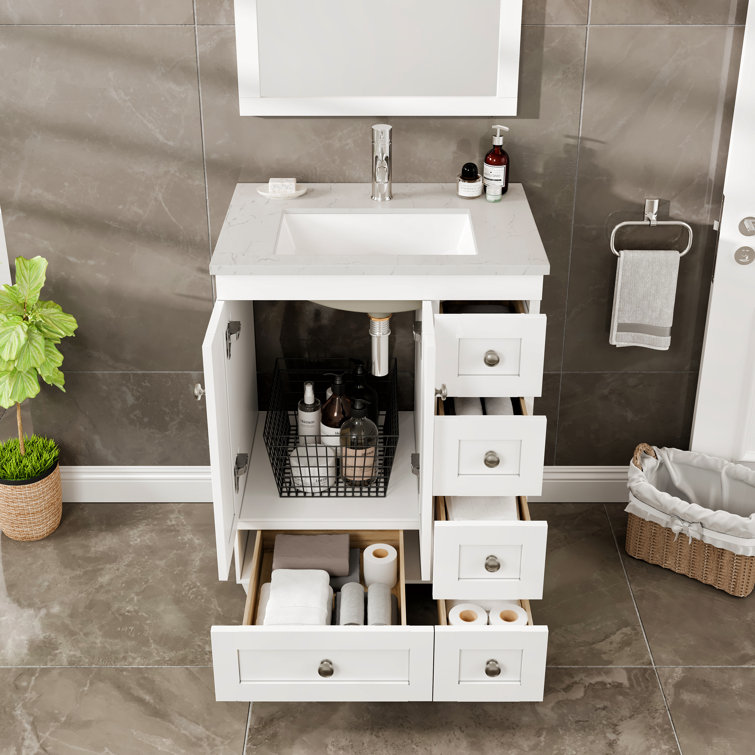 White 24" Bathroom Vanity with Carrara Quartz Top and Sink