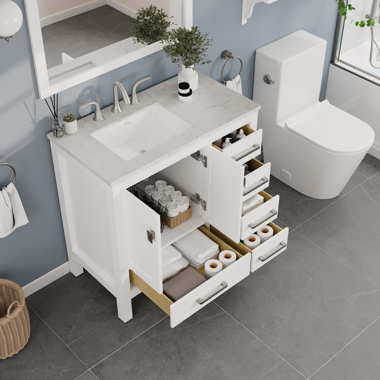 Aberdeen 36" White Solid Wood Bathroom Vanity with Quartz Top