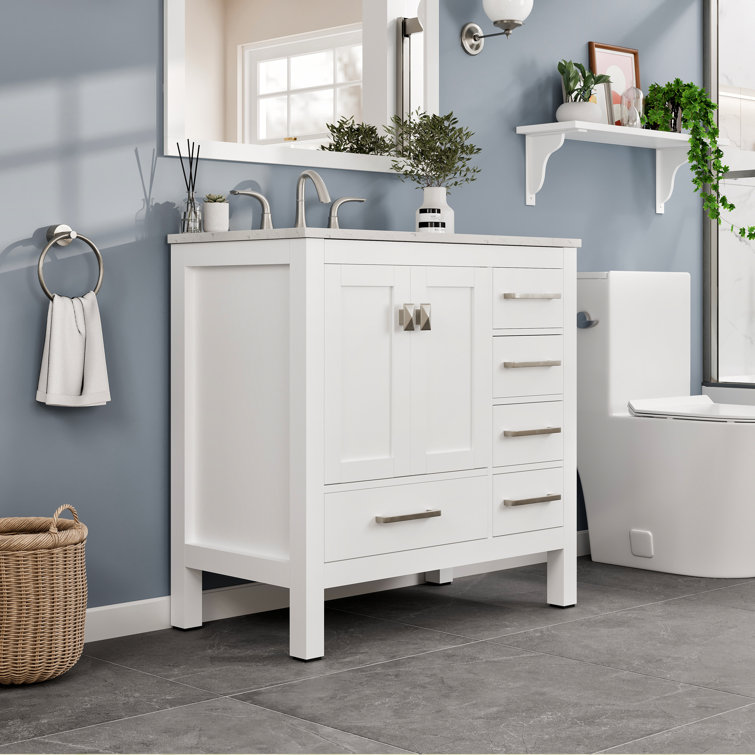 Aberdeen 36" White Solid Wood Bathroom Vanity with Quartz Top
