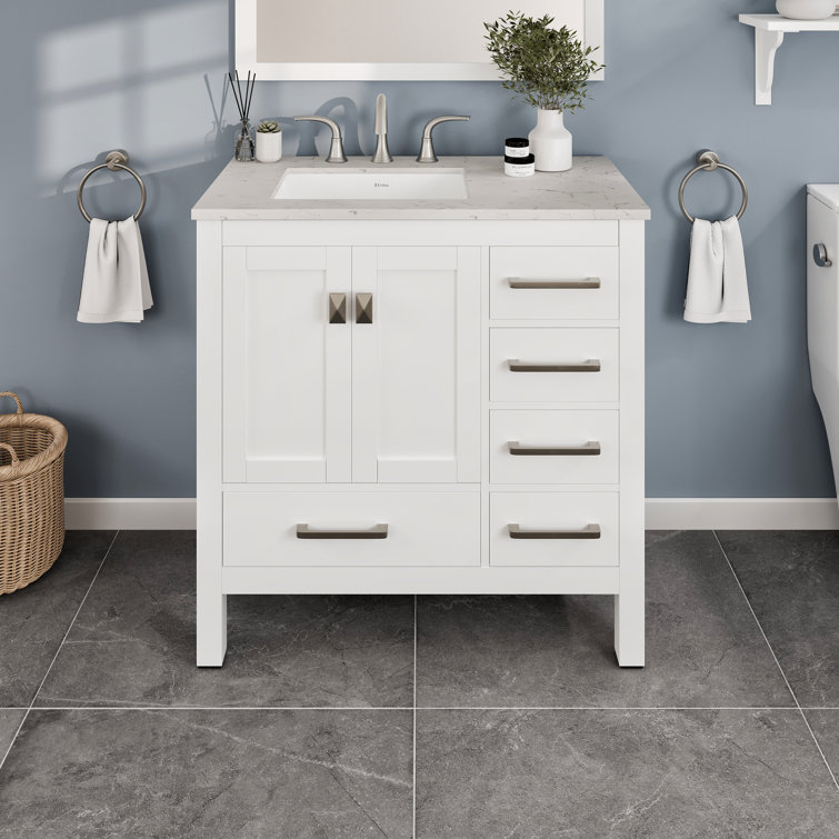 Aberdeen 36" White Solid Wood Bathroom Vanity with Quartz Top