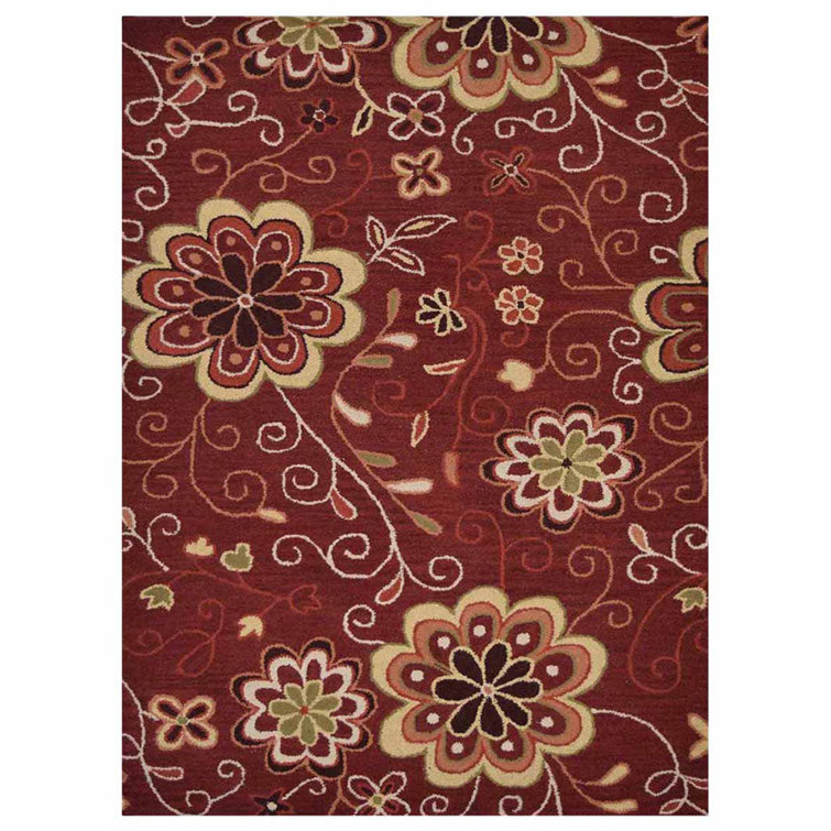 Handmade Floral Tufted Wool Rectangular Rug in Red, 5'x8'