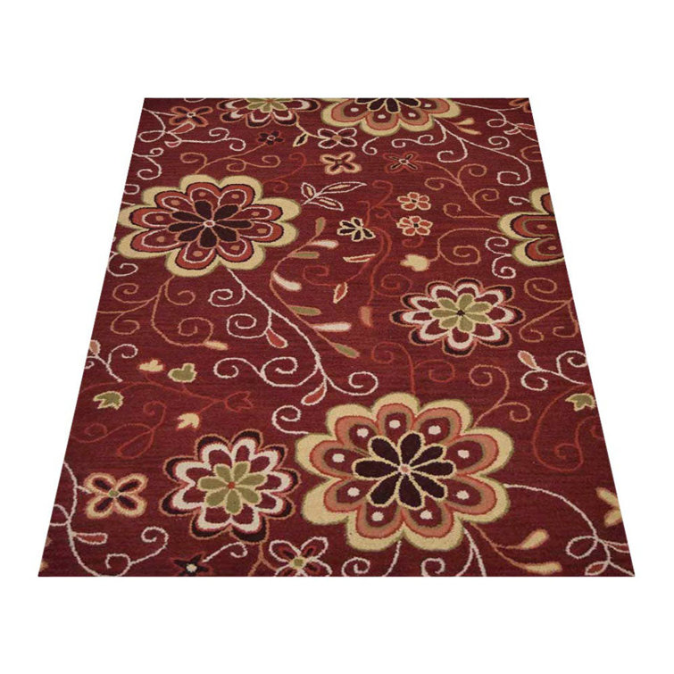 Handmade Floral Tufted Wool Rectangular Rug in Red, 5'x8'