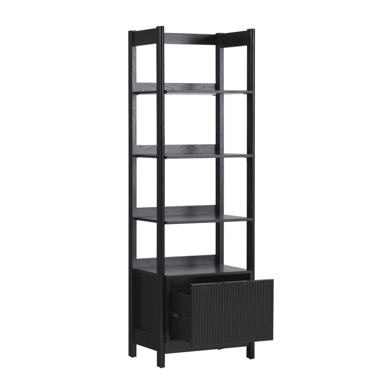 Black Narrow Reeded Bookshelf with Bottom Drawer