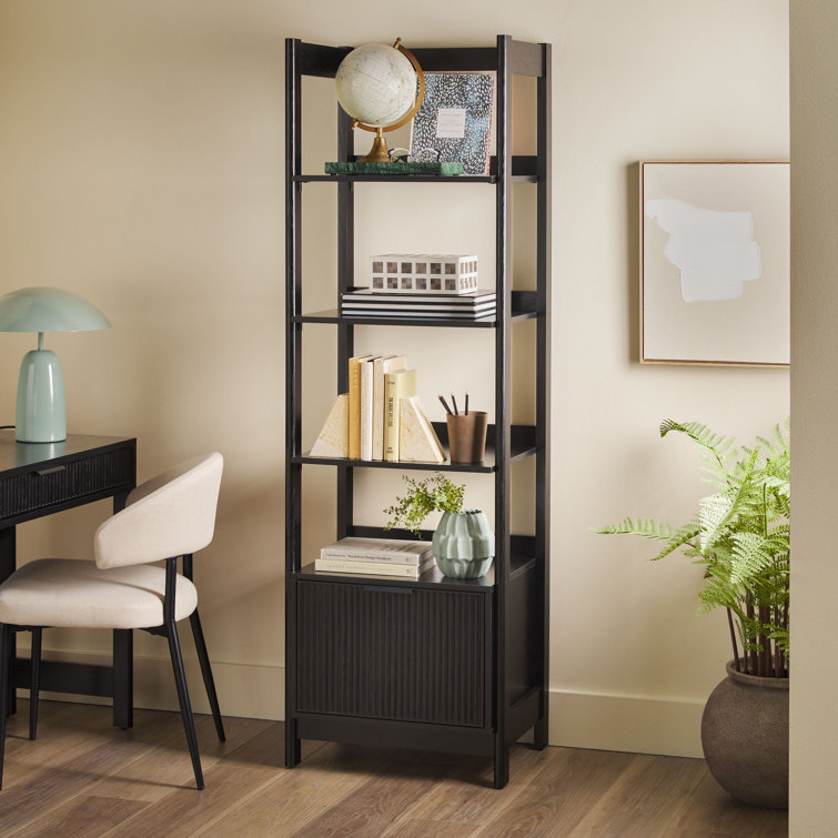 Black Narrow Reeded Bookshelf with Bottom Drawer