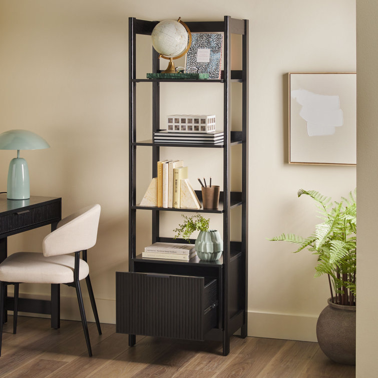 Black Narrow Reeded Bookshelf with Bottom Drawer