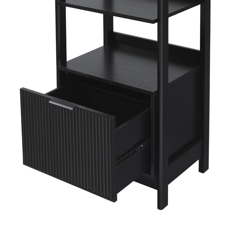 Black Narrow Reeded Bookshelf with Bottom Drawer