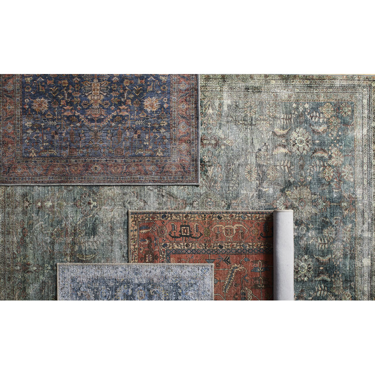 Ocean Blue Rectangular Washable Synthetic Area Rug 5' x 7'