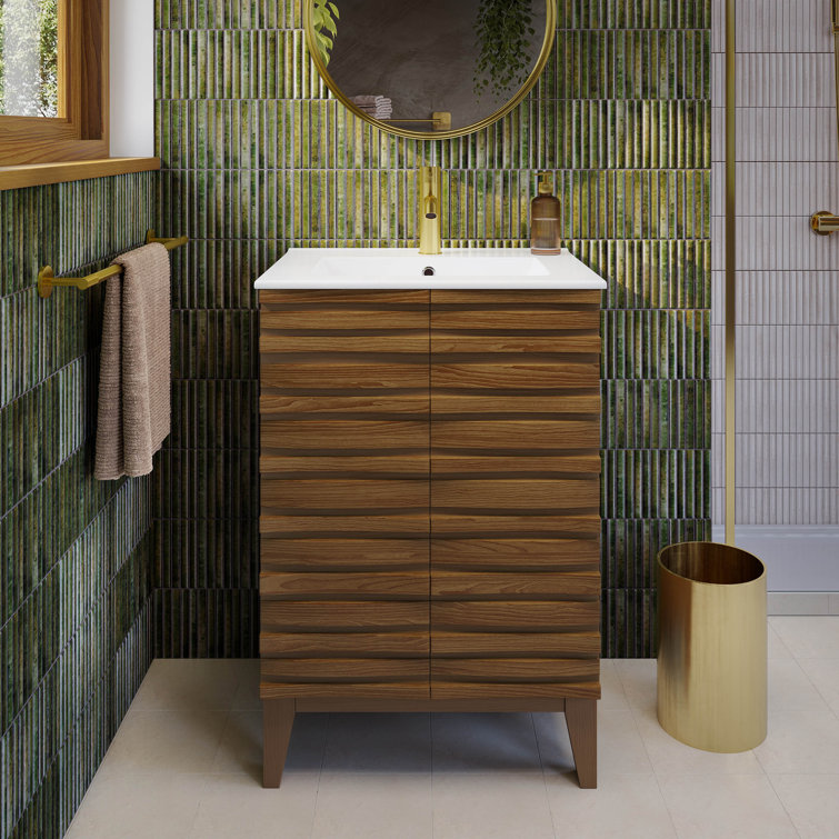 Cascade 24" Brown Oak Freestanding Bathroom Vanity with White Ceramic Top