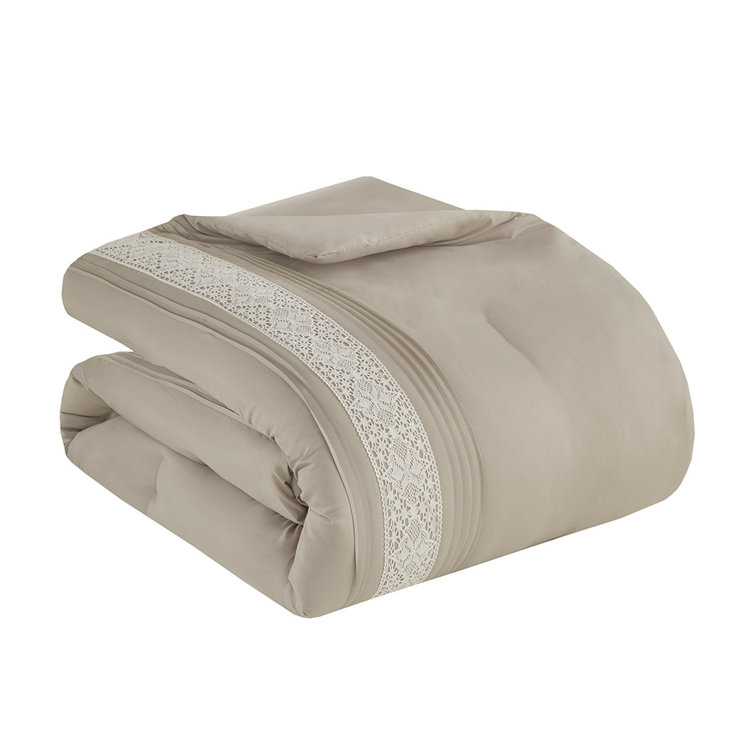 Taupe Queen Microfiber Comforter Set with Lace Trim