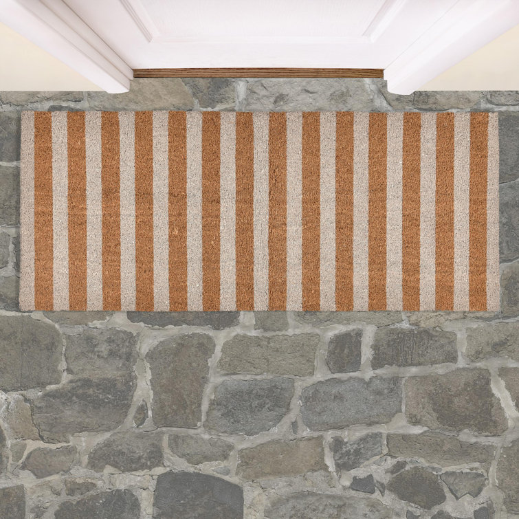 Ivory and Natural Coir Striped Outdoor Doormat 24" x 57"