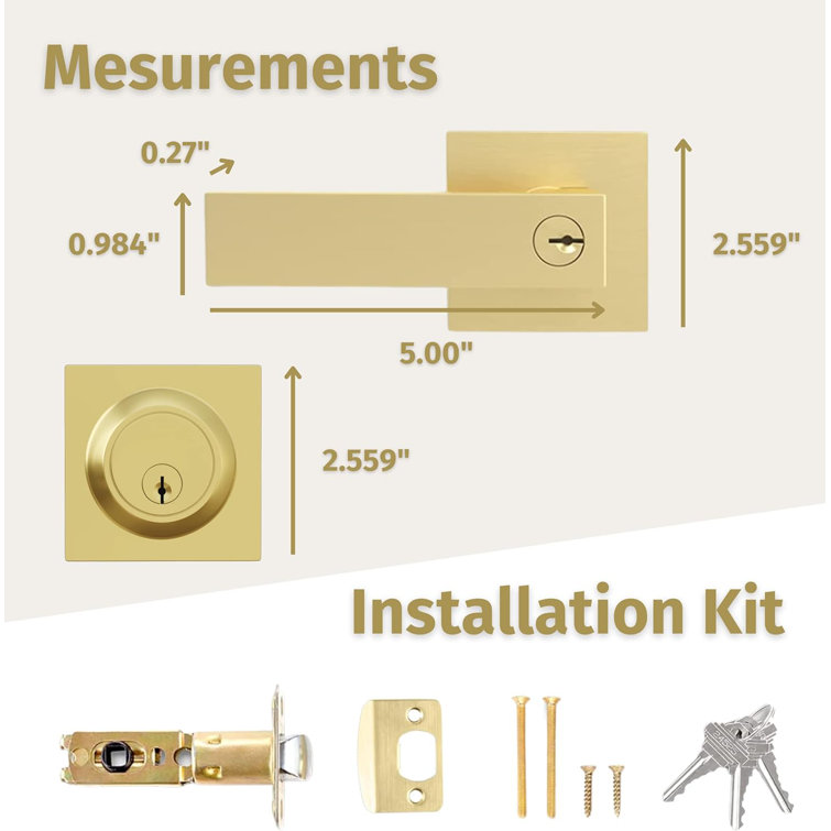 Satin Brass Universal Handing Door Handle and Deadbolt Lock Set