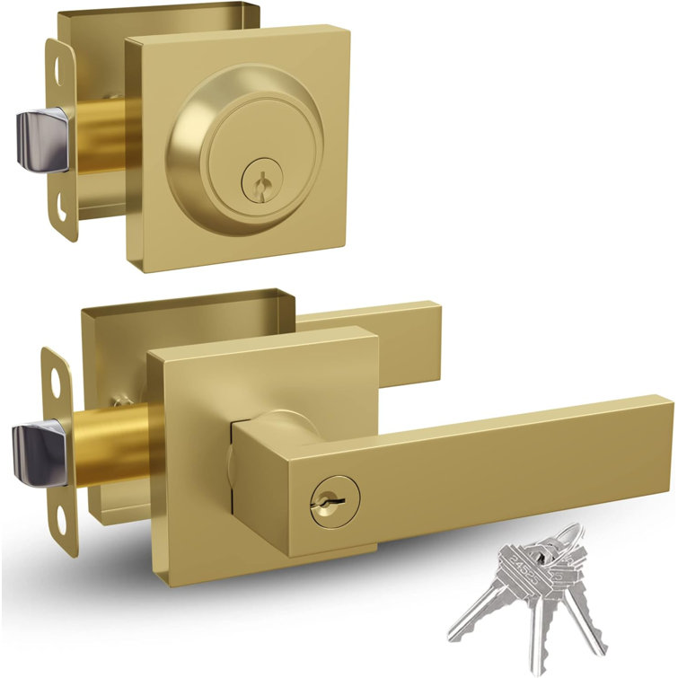 Satin Brass Universal Handing Door Handle and Deadbolt Lock Set