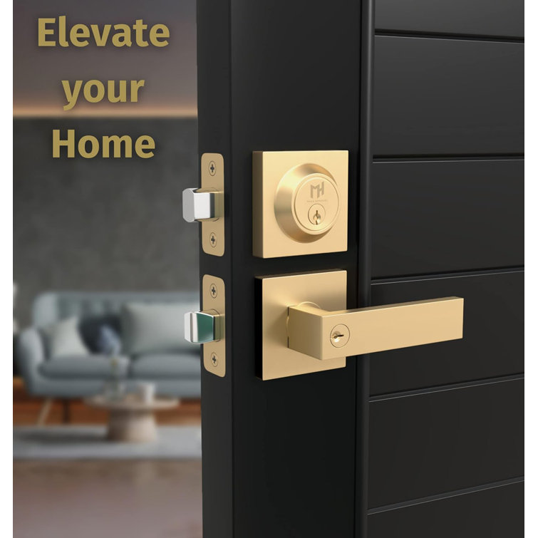 Satin Brass Universal Handing Door Handle and Deadbolt Lock Set