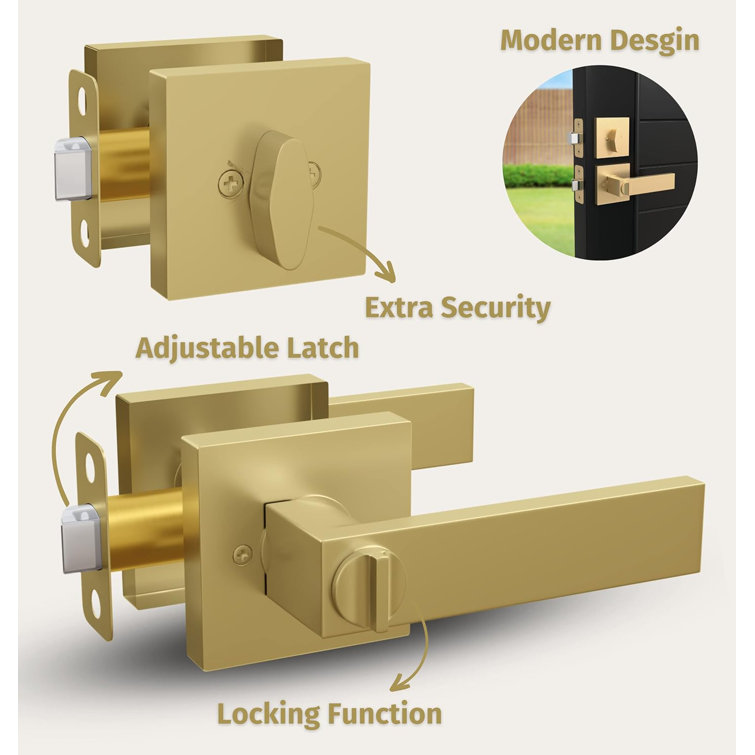 Satin Brass Universal Handing Door Handle and Deadbolt Lock Set