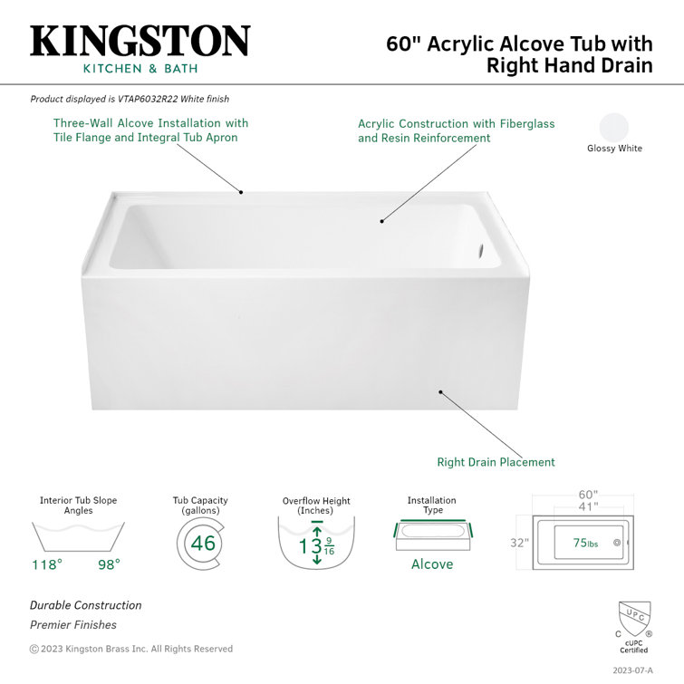 Aqua Eden 60-Inch Glossy White Acrylic Alcove Tub with Right Hand Drain