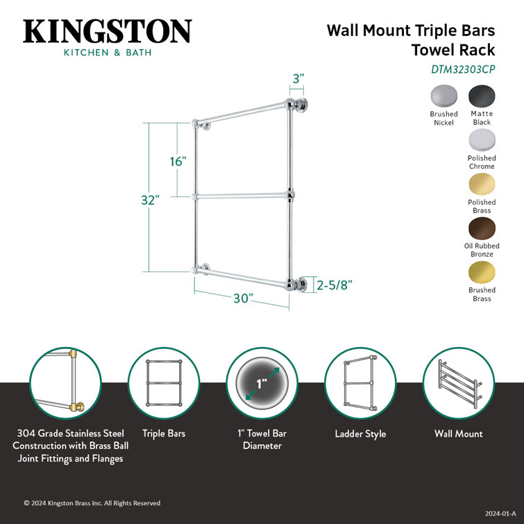 Polished Brass 30-Inch Wall Mounted 3-Bar Towel Rack