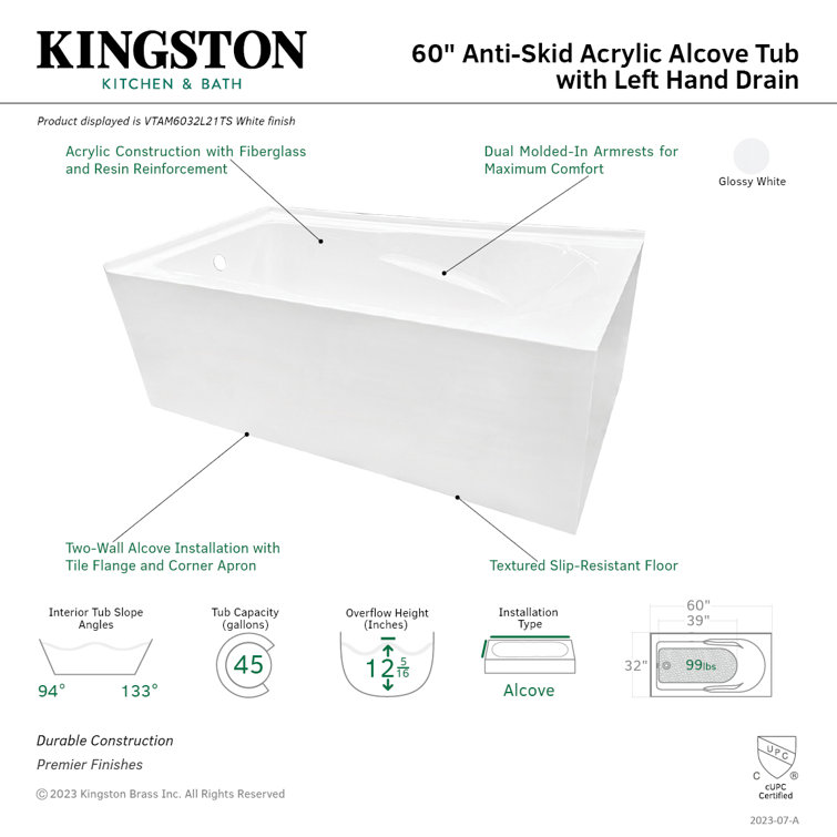 Aqua Eden 60-Inch White Acrylic Alcove Tub with Left Drain