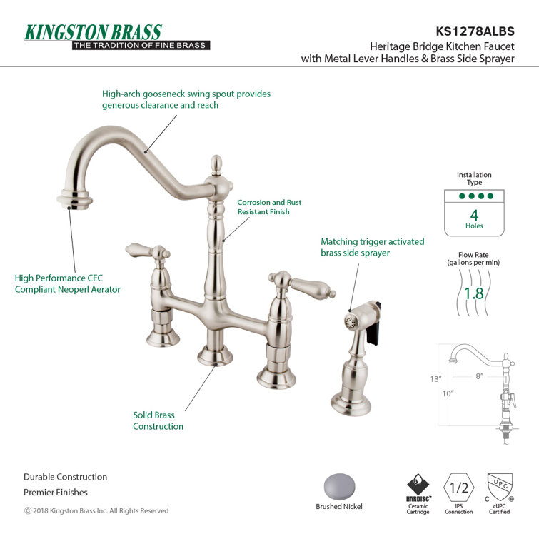 Heritage Brushed Nickel Bridge Kitchen Faucet with Side Sprayer