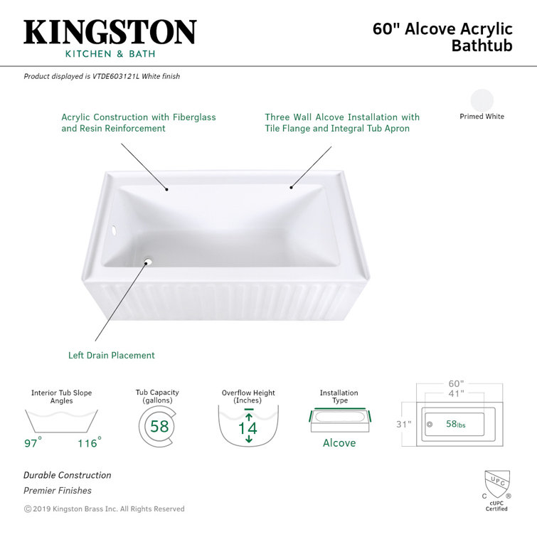 Aqua Eden 60-Inch White Acrylic Alcove Tub with Left Drain