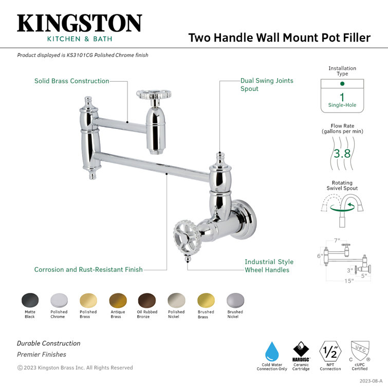 Brushed Brass Dual Handle Wall Mount Pot Filler Faucet
