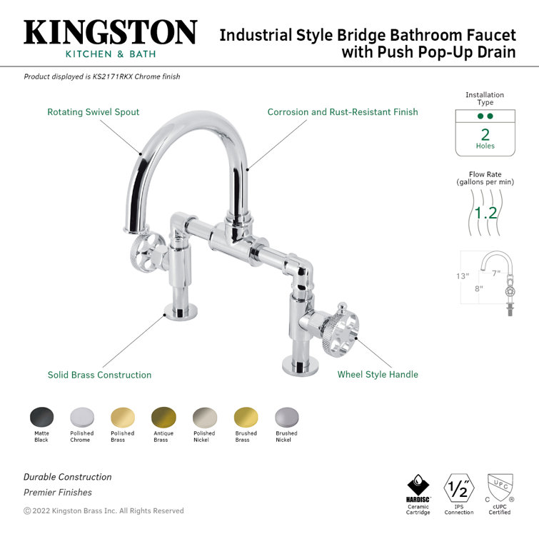 Webb Industrial Bridge Antique Brass Wheel Handle Bathroom Faucet