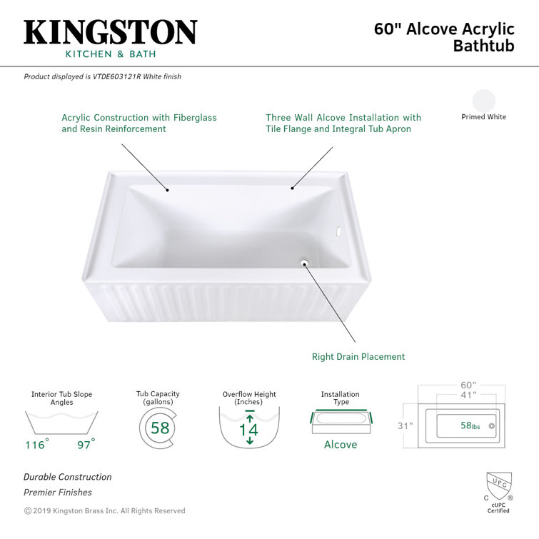 Aqua Eden 60-Inch White Acrylic Alcove Bathtub