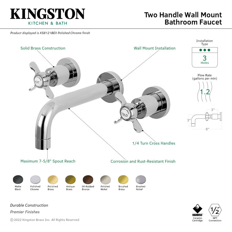 Essex 8" Antique Brass Wall Mount Bathroom Faucet with Cross Handles