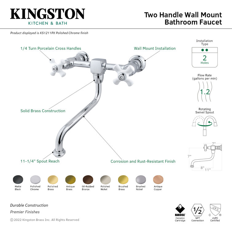 Heritage Elegance Polished Brass 8" Wall Mount Bathroom Faucet