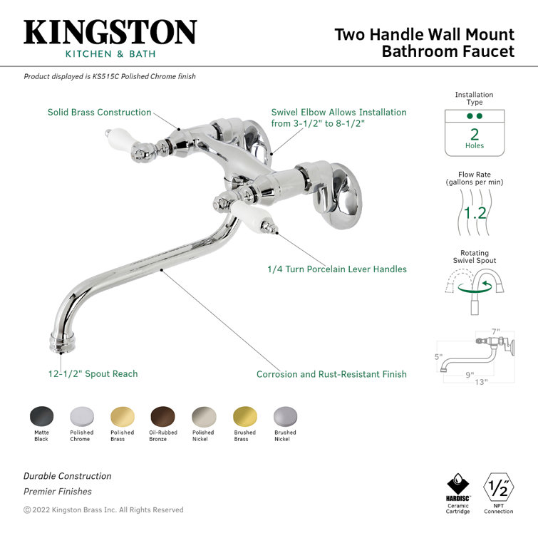 Polished Brass Wall Mount Bathroom Faucet with Lever Handles