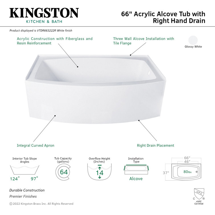 Aqua Eden 66-Inch Glossy White Acrylic Alcove Tub