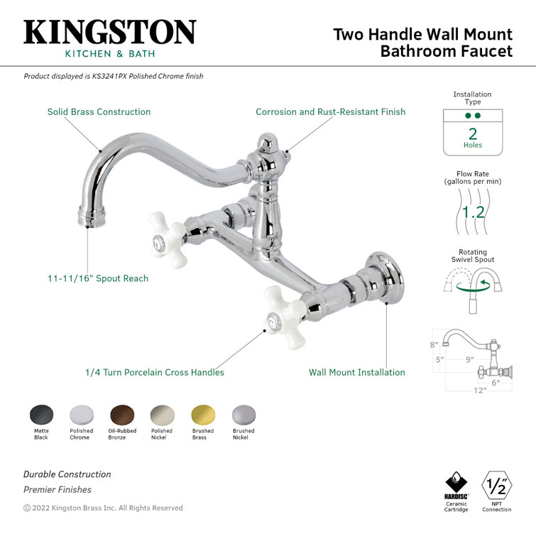 Vintage Polished Nickel Wall Mount Bathroom Faucet with Cross Handles