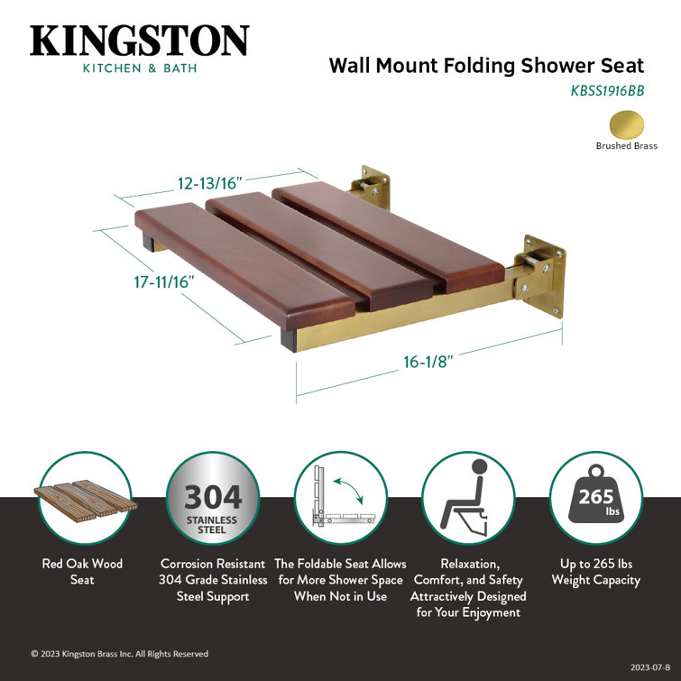 Brushed Brass 19" x 16" Wall Mount Folding Shower Seat with Oak Wood