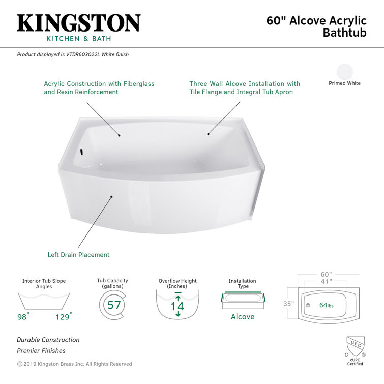Aqua Eden 60-Inch White Acrylic Alcove Bathtub with Left Drain