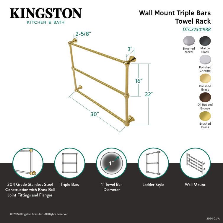 Polished Brass 30-Inch Wall Mounted 3-Bar Towel Rack