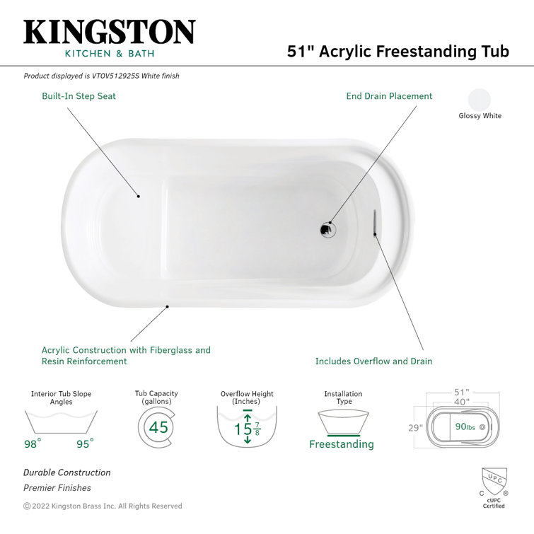 Glossy White Acrylic Freestanding Tub with Integrated Seat