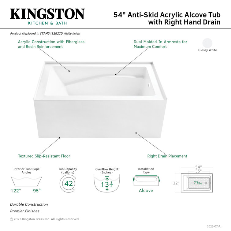 Glossy White Acrylic 54-Inch Anti-Skid Alcove Tub with Right Hand Drain