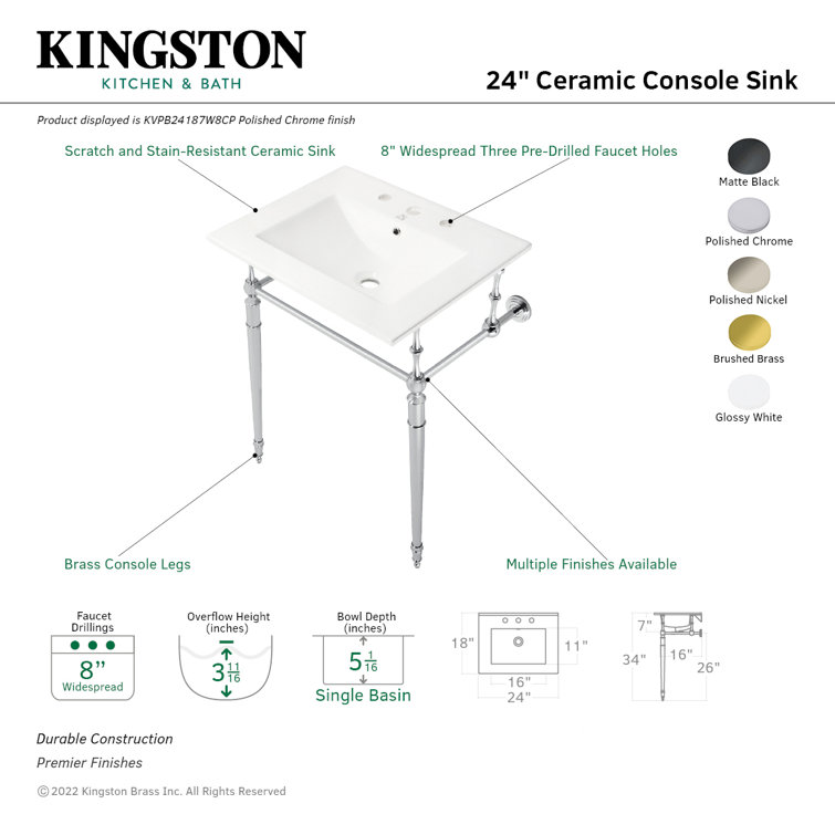Edwardian 24-Inch White Ceramic Console Sink with Polished Nickel Brass Legs