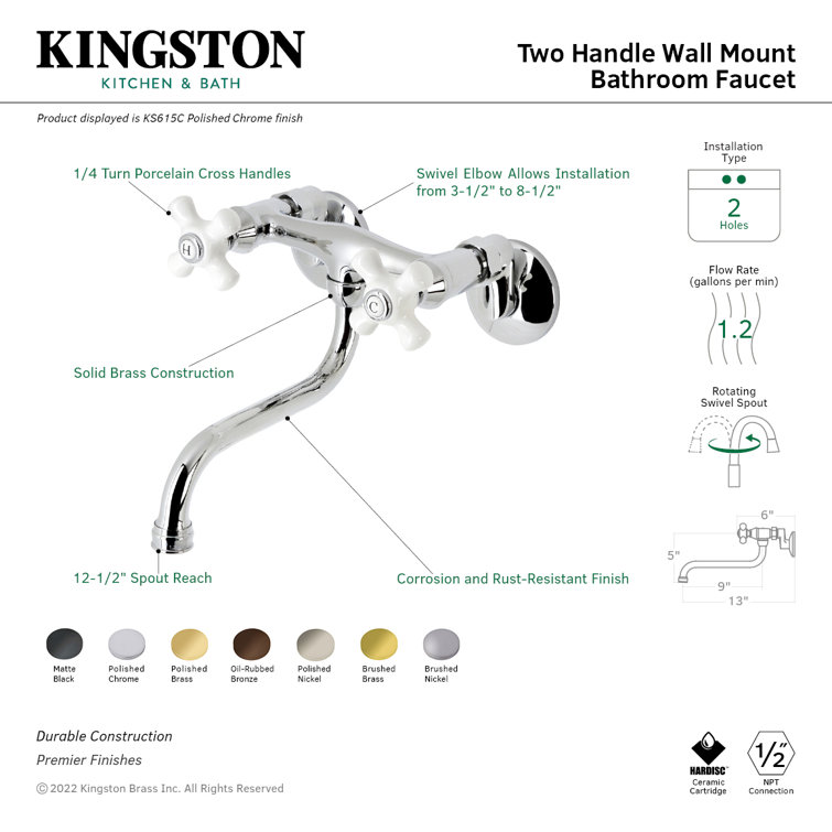Elegant Kingston 5.44" Brass Wall Mount Bathroom Faucet in Polished Brass