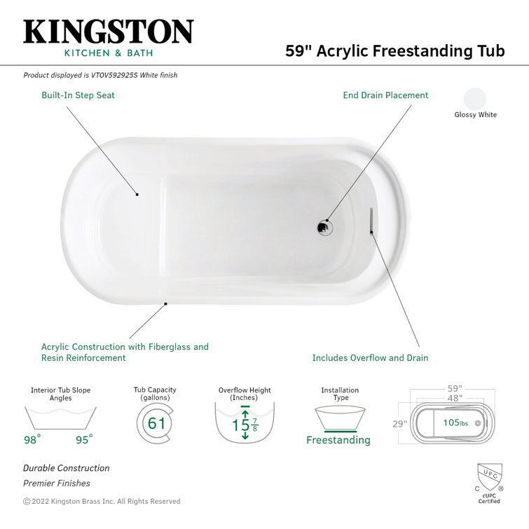 Aqua Eden 59-Inch Glossy White Acrylic Freestanding Tub with Integrated Seat