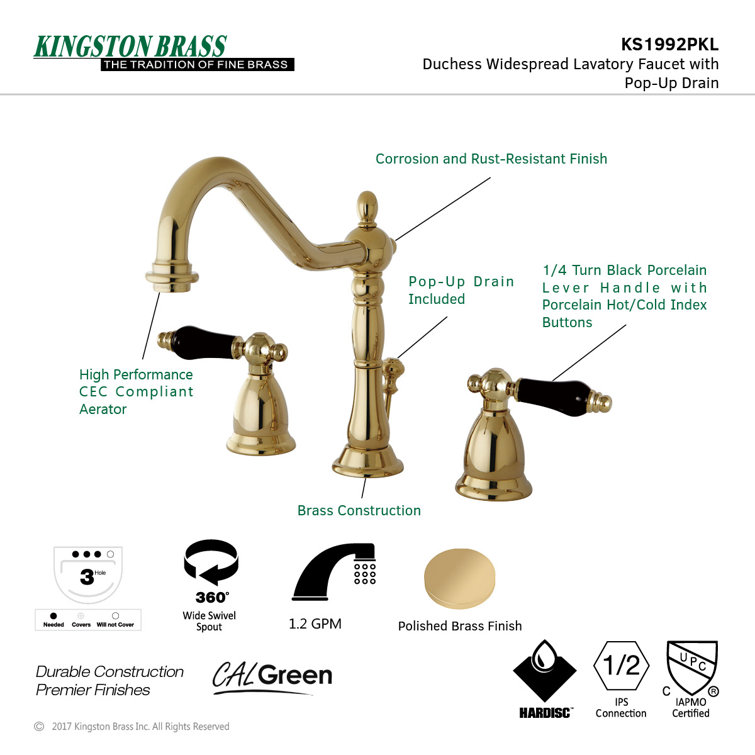 Duchess Polished Brass Widespread Bathroom Faucet with Porcelain Handles