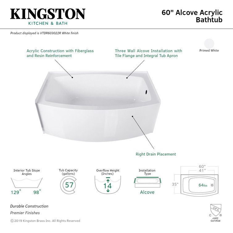 Aqua Eden 60-Inch White Acrylic Curved Apron Alcove Tub