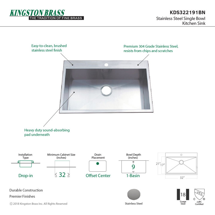 32-Inch Brushed Stainless Steel Single Bowl Drop-In Kitchen Sink