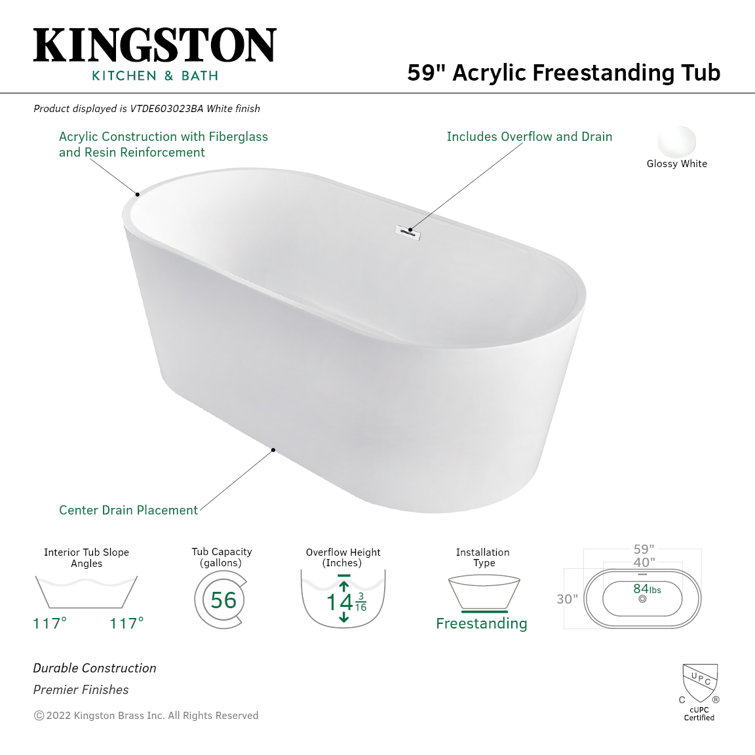 Glossy White 59-Inch Acrylic Freestanding Oval Tub with Drain