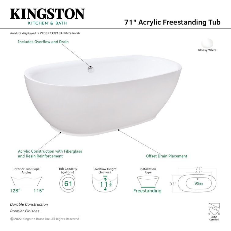 Aqua Eden 71-Inch Glossy White Acrylic Freestanding Oval Tub