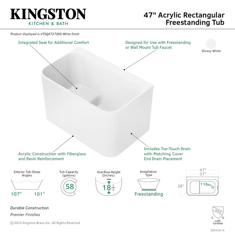 Glossy White Acrylic Rectangular Freestanding Tub with Integrated Seat