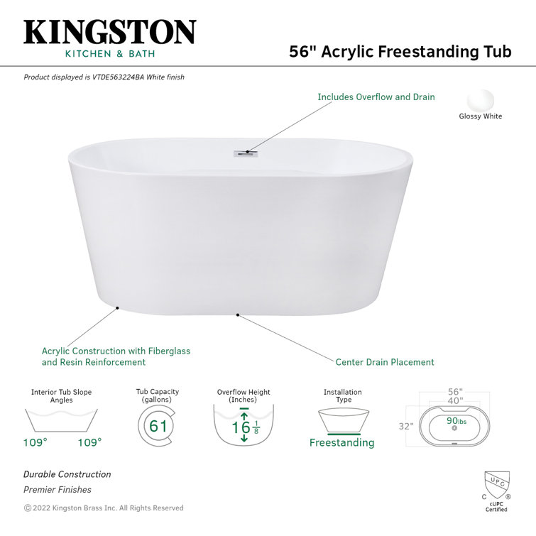 Aqua Eden 56-Inch Glossy White Acrylic Freestanding Tub with Drain