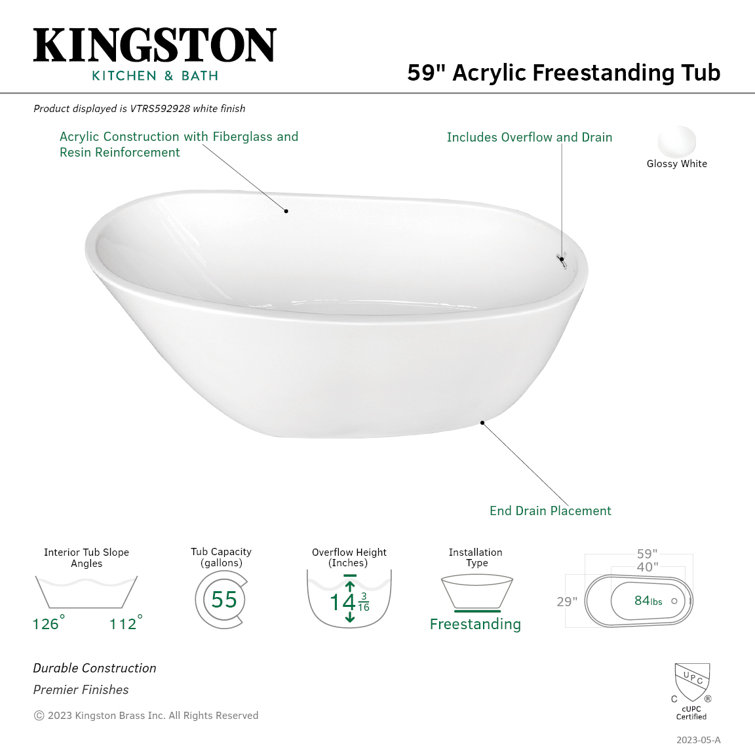 Aqua Eden White 59" Freestanding Acrylic Clawfoot Bathtub